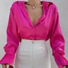 Blouses -shirts voor dames elegante satijnen dames mode tops lente solide lange mouw vintage paarse casual losse knopen kleding 18913 230516