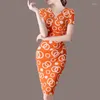 Party Dresses Pencil Dress 2023 Women Summer Ol Commuting Elegant Fashion V-neck Short Sleeve Slim Circle Print Bodycon Sexy Skirt Korean