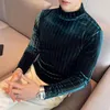 Men's T Shirts Long-sleeve Striped Flannel T-shirt Fashion Half High Collar Male Club Pullover Tops Winter Warm