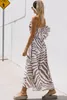 Khaki Zebra -print Asymmetric One Shoulder Maxi Dress 32XV#