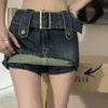 Skirts Y2K Vintage Women Korean Button Belted Short Denim Mini Skirts Aesthetic Fairy Grunge High Waiste Jeans A-line Skirt Alt Clothes 230516