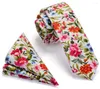 Bow Ties Ricnais Cotton 6cm Slim Pocket Square Slips Set Red Bule Floral Print handduk för män Party Skinny Neck Tie