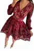 Mini abito skater in pizzo con scollo a V rosso vino 2023 Hot New U11y #