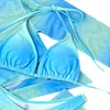 Women's Swimwear Women Casual Summer Bikini Sets Tie Dye Bandage Halter Bra Long Sleeve Tops Low Waist Panties Short Skirt Four Piece
