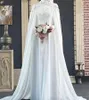 Dresses White Muslim Wedding Dress 2023 Islamic Elegant Caped Florals Lace Castle Bridal Gowns Long Sleeve Chiffon Dubai Arabic Bride vest