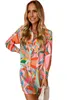 Multicolor Geometric Abstract Print Long Sleeve Shirt Dress Y3n6#