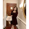 Casual Dresses French Square Neck Velvet Party Long Sleeve Dress Celebrity Bow Sexig Vintage Autumn Elegant Aesthetic Japanese Boho Chic