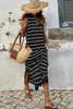 black Stripe Print Open Back Sleeveless Maxi Dress with Slits u2IL#