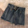 Skirts Y2K Vintage Women Korean Button Belted Short Denim Mini Skirts Aesthetic Fairy Grunge High Waiste Jeans A-line Skirt Alt Clothes 230516