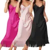 Damen-Nachtwäsche, sexy Damen-Nachthemd aus Satin, langes Slip-Schlafkleid, Pyjama mit V-Ausschnitt, einfarbige Nachtwäsche aus Eisseide mit Fransen