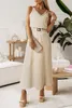 apricot V Neck Sleeveless Maxi Dress with Elastic Belt H4QL#