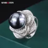 Bandringe Charms 14 mm weiß schwarz große Perle verstellbare Blumenringe für Frauen Labordiamant Cocktailparty edler Schmuck elegantes weibliches Geschenk J230517