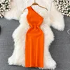 Casual Dresses Sexy One Shoulder Crochet Bodycon Dress Chic Knitted Elegant Midi Vestidos Fashion Party Club Dresses Slim Goth Women Sundress 230517