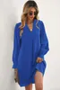 Blue Split V pescoço mangas com babados vestido de camisa C5H8#