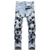 Calças de brim de designer masculino bordado hip hop joker denim calças homens quebrado buraco remendo elástico magro pés lápis calças