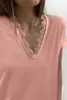 pink V Neck Lace Trim Short Sleeve Top 2023 Hot New s5l9#