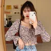 Kvinnors blusar skjortor Floral Youth Elegant Blue Women Crop Top Pretty Chic Fashion Shirt for Party Puff Sleeve 230518