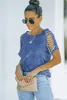 Sky Blue Cut-Out Crew Neck Short Sleeve T-Shirt L0D0#