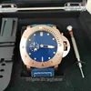 Con scatola documenti orologio da uomo 47mm sommergibile PAM01074 PAM1074 quadrante blu cinturini in pelle oro rosa 18 carati orologi da polso da uomo automatici meccanici trasparenti