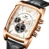 Relojes de pulsera Multi-dial Función Cuadrado Hombres Diseño único Calendario de oro rosa Cronómetro Reloj de cuero genuino para hombre