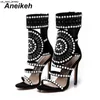 Sandales Aneikeh Femmes Mode Bout Ouvert Strass Conception Sandales À Talons Hauts Cristal Cheville Wrap Glitter Diamant Gladiateur Noir Taille 35-42 J230518