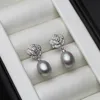 Hoop Huggie Vintage 925 Sterling Silver Flower Natural Freshwater Pearl Earrings for Women Jewelry Engagement Gift White Purple Black 230517