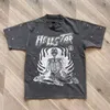 Hellstar Polo Shirt Womens Mens 디자이너 대형 티셔츠 래퍼 세척 회색 무거운 크래프트 유니니스 텍스트 짧은 슬리브 상단 하이 스트리트 패션 레트로 여자 티셔츠 i5g2