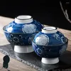 Bols Chinois Creative Bleu Blanc Porcelaine Motif Avec Couvercle Bol En Céramique Oeuf Cuit À La Vapeur Dessert Riz Ragoût Tasse Vaisselle Spéciale