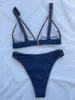 Damen-Badebekleidung, sexy V-Ausschnitt, tief ausgeschnittener Badeanzug für Frauen, Denim-blaues Bikini-Set, Push-Up-Tanga, hohe Taille, Badeanzüge