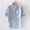 Männer Casual Hemden Baumwolle Leinen Kleid Hemd Einfarbig Männer Kleidung Button-Down Männliche Kleidung Revers Kurzarm Ropa para Hombres