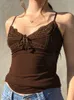 Camisoles Tanki Heyoungirl Lace Patchwork Brown Vintage Tank Top dla kobiet Summer Y2K estetyczna moda w dekolcie mody camisole retro eleganckie topy 230518