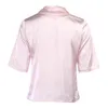 Women's Blouses Shirts Ladies Work Wear Casual Short Sleeve Satin Silk Turn Down Collar Blouse Solid Color Chic Tops Pink For Women 230517