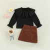 Clothing Sets Children Autumn Fashion Clothing Girls Outfits Solid Color Flounce Long Sleeve Blouse and Leather Skirt Girl Clothing Set