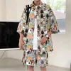 Survêtements pour hommes été homme ensembles chemises et shorts décontractés mode dessin animé graffiti imprimer couples porter homme costume deux pièces streetwear