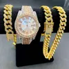 Relógios de pulso Iced com relógios de link cubano de link cuba Jóias de borboleta para homens para homens grandes correntes de ouro Hip Hop Men Watch Conjunto 230518