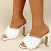 Sandales grande taille fourrure dames talons hauts diapositives sans lacet mode femmes pompes chaussures bout carré femme décontracté extérieur fourrure pantoufles