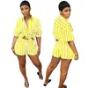 Women's Shorts 2 Pieces Set Striped Sets Women Short Sleeve Single Breasted Top Shirt And Casual Loose Outfit Y2k Streetwear