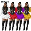 Vestidos CM.YYA Mulheres Elegantes PU Patchwork Recorte Front Lace Up Cascading Ruffles Hem Lanterna Manga Longa Smock Big Swing Ballgown Dress