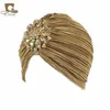 Acessórios para cabelos de cabeça de cabeça feminina damas douradas de diamante prateado jóias chapéus de turbante para mulheres quimio bandana hijab plissado indiano turbante chapéu 230518