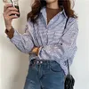 Women's Blouses Shirts kpop blouse for women Koreanstyle Blue And White Vertical Striped WOMEN'S Female Long Sleeve Tops LooseFit Lazin 230517