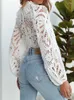 Women's Blouses Sexy Long Sleeve Lace Blouse Women Tops Casual White Crochet Hollow Out Cropped Shirt Turtleneck Female Blusas