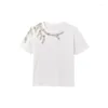 女性のTシャツ白い丸い首の編みワイルドショート - スリーブ付き - シャツ2023夏のヘビーインダストリアルラインストーンルーズトップガール