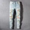 Amirly designer stack staplade jeans europeiska lila jeans för män quiltning rippad för trendmärke vintage byxa mens fällande smala mager byxor