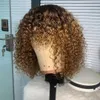 Honey Blonde kinky Curly Human Hair Wigs with Bangs Short ombre Bob Curly Full Machine Made Wigs for Women Brazilian Remy Fringe Wig dhl fast delivery