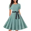 Grundläggande avslappnade klänningar Vintage Print Dress Kort ärm Runda nacke midja A-line klänning 230518