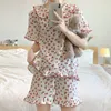 Vêtements de nuit pour femmes Vêtements de nuit en coton Pyjamas coréens pour femmes d'été Pijama Cherry Print Pyjamas Ensemble féminin Femme 2 pièces Cute Loungewear 230517