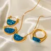 Halsband örhängen Set Youthway Blue Harts Scalloped Basket Pendant Ring Trendy Fashion Waterproof Jewely Chic Party Gift