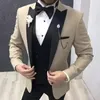 Men's Suits Beige Slim Fit Men For Wedding Black Peaked Lapel Groom Tuxedo Formal Male Fashion Jacket With Pants Vest