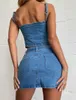 Two Piece Dress Summer Blue Denim Two Pieces Skirts Sets Women Jeans Streetwear Low Cut Straps Bustier Crop Tops+Mini Bodycon Skirts Club Sets P230517