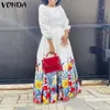 Klänningar Vonda 2022 Autumn Bohemian Maxi Dress Women Vintage Printed Puff Sleeve Long Vestidos Casu